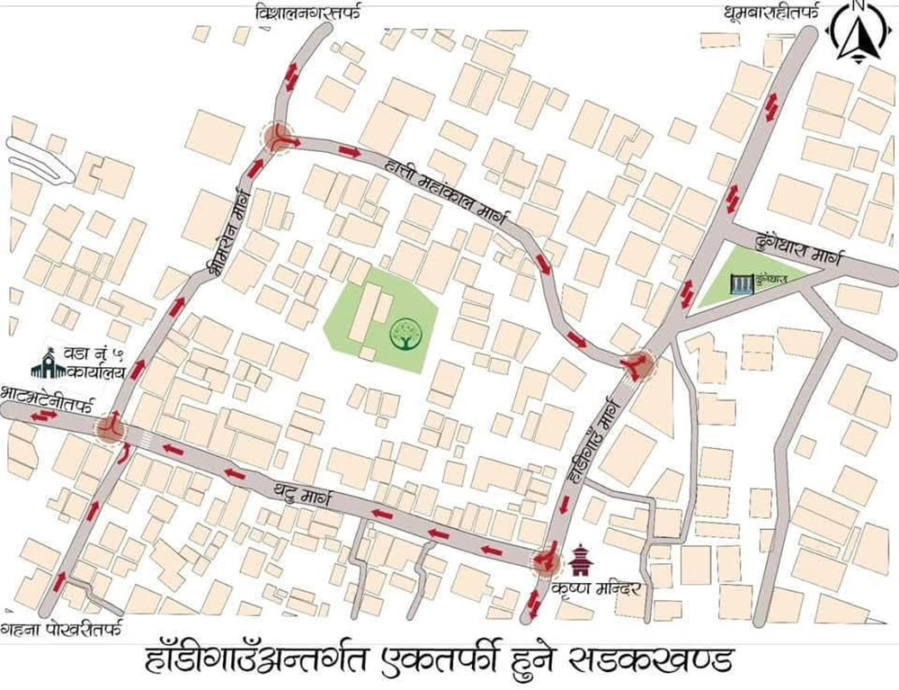 काठमाडौँको हाँडीगाउ क्षेत्रका सडक एकतर्फी बनाइयो